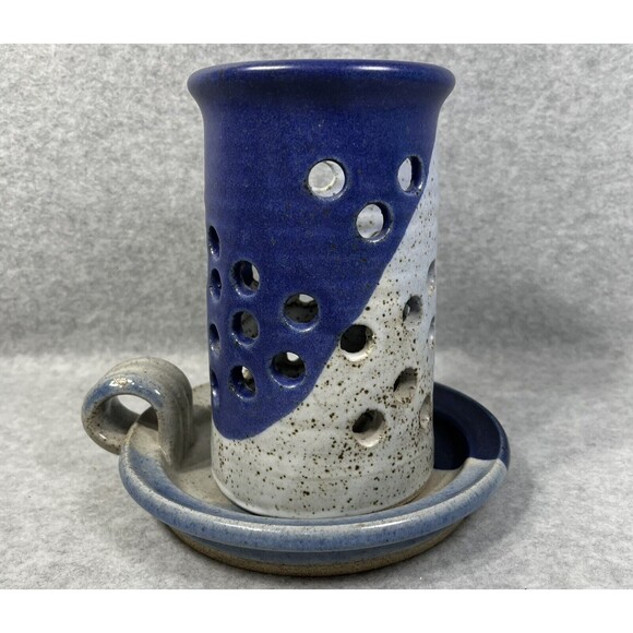 Pottery Candlestick Holder With Luminary Votive Shade Stoneware Blue Glaze 2 Pc - Picture 9 of 14